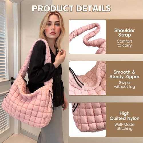 Puffer Tote Bag for Women, Large Quilted Puffer Bag with Pouch, Puffy Quilted Hobo Bag, Puff Crossbody Purse - color: 1-pink
