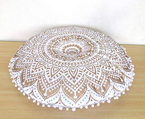 24" Gold Mandala Barmeri Large Floor Pillow Cover Cushion Meditation Seating Ottoman Throw Cover Hippie Decorative Zipped Bohemian Pouf Ottoman Poufs, Pom Pom Pillow Cases (White Gold, 24" Round) - color: White Gold, size: 24" Round