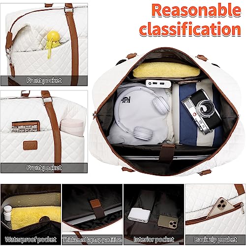 Weekender Bag, Large Travel Duffel Bag for Women, Carry on Overnight Bag with Shoe Compartment and Toiletry Bags - color: White