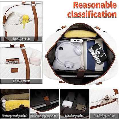 Weekender Bag, Large Travel Duffel Bag for Women, Carry on Overnight Bag with Shoe Compartment and Toiletry Bags - color: White