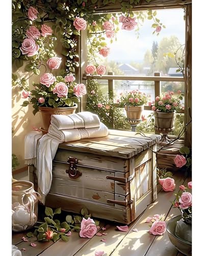 Rose Diamond Art Kits for Adults, Flowers Easy Crafts 5D Diamond Painting Dot Kit for Adult Beginners, Plant Flower DIY Round Dots Full Drill Diamonds Paintings Arts for Home Wall Decor Gifts 12X16 In - color: C23
