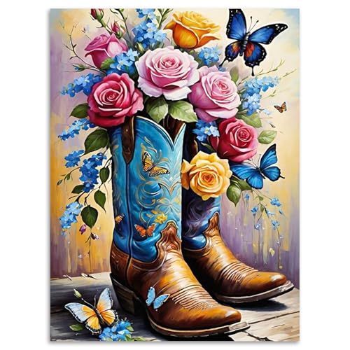 Cowboy Boots Diamond Art Kits for Adults Beginners 12x16 in, DIY Craft Gift | Flowers Diamond Painting Kits for Adults, Stress Relief, Home Wall Decor, 5D Full Round Drill Gem Art - color: DP-US11