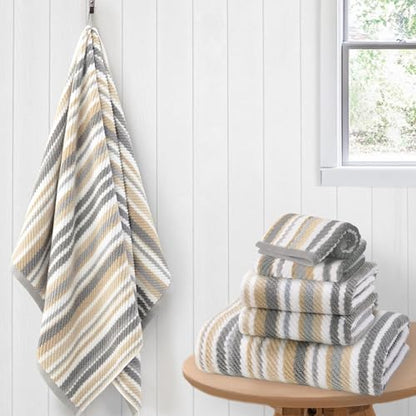 VOOVA & MOVAS Striped Towels 6 Pack, 100% Cotton, Gray Beige - color: Beige + Gray Striped, size: 6 PCS Bathroom Towels