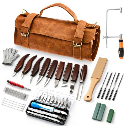 SakerNeo 35PCS Wood Carving Kit Whittling tools Set | Wood Carving Tools with Knife Set, Utility Knife, Gouges, Chisels,Ideal Woodworking Set for Beginners & DIY Gift - color: Brown 35pcs