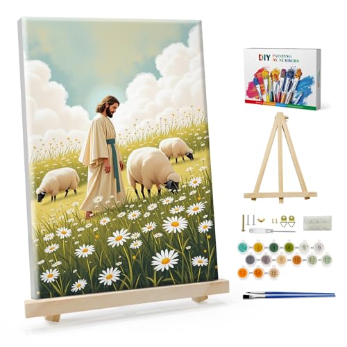SparkGlow Jesus Framed Paint by Numbers Kit for Adults, 8×12 Inch | The Good Shepherd Number Painting, Include Easel, Premium Canvas, Painting by Number for Gift, Home Decoration - color: Jesus043