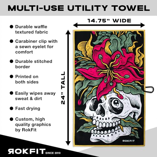 RokFit Gym & Golf Towel – Multi-Use, Quick-Dry, Durable Utility Towel with Bold Graphic and Carabiner Clip (Eternal Bloom) - color: Eternal Bloom