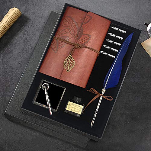 GCCL Quill Pen and Ink Set, Antique Feather Dip Calligraphy Pen Set, including Feather Pen, 5 Replacement Nibs, Pen Nib Base, Notebook, Ink, Gift Box, Best Gifts for Him Men Dad (Blue) - color: Blue