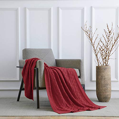 Cotton Red Knit Throw Blanket for Couch Sofa Beach Chair Bed Home Decorative Soft Warm Cozy Cable Lightweight Knitted Blankets, 50 x 60 Inch - color: Wine Red, Stripe Pattern, size: 50"x60"