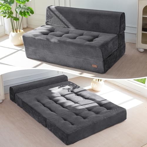 MAXYOYO Folding Sofa Bed, 8-Inch Fold-Out Chair Bed, Single | 2-in-1 Convertible Floor Sofa Couch, High-Density Foam Tufted Lounge Couch for Living Room Bedroom Dorm, Dark Grey - color: Dark Grey, size: Loveseat