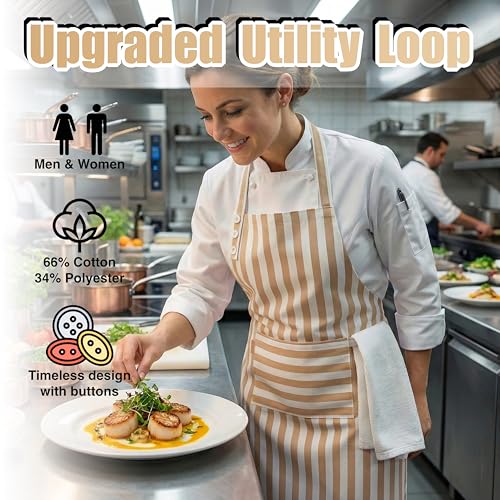 TOSHEX Kitchen Apron Cotton Waterdrop Resistant Adjustable Button Women Men | Premium Cotton Cooking Apron with Pocket. Striped, Gift, Brown - color: Brown