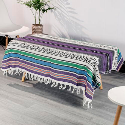 Mexican Blanket Throw with Tassels, 69 x 51 Inches Large Woven Serape Blanket, Boho Striped Picnic Yoga Beach Blanket, Soft Durable Tribal Falsa Blanket for Couch Outdoor Travel - Purple-Blue - color: Purple-blue