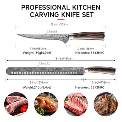 BBQ Carving Knife Set,Slicing and Boning Knife for Meat Cutting | German High Carbon Stainless Steel Carving Knife for Meat and Turkey - color: 12 inch Carving Knife with 7 inch Boning Knife