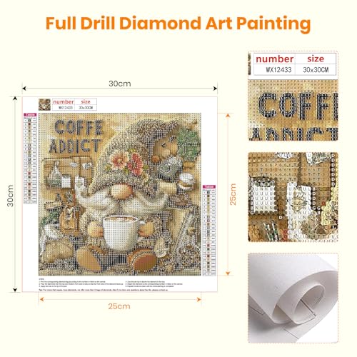 Bowetile 5D Diamond Art Gnome Kits for Adults, Coffe Addict Gnome Diamond Painting Kits, DIY Full Round Drill Diamond Dots Paintings Picture Gem Art Craft for Home Wall Decor 12x12 Inch - color: Coffe Addict Gnome
