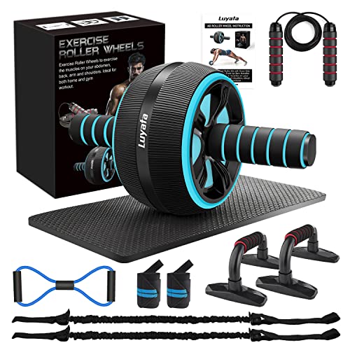 Ab Roller Wheel, 10-In-1 Ab Exercise Wheels Kit with Resistance Bands, Knee Mat, Jump Rope, Push-Up Bar - Home Gym Equipment for Men Women Core Strength & Abdominal Exercise - color: Blue