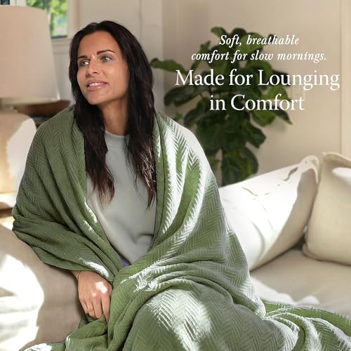 Threadmill Luxury 100% Cotton Twin Herringbone Blanket, Olive | All-Season Thermal Throw Blanket, Soft & Breathable, Cozy Moisture-Wicking, OEKO-TEX Certified, Machine Washable, 68x92 in - color: Olive, size: Twin (68" x 92")