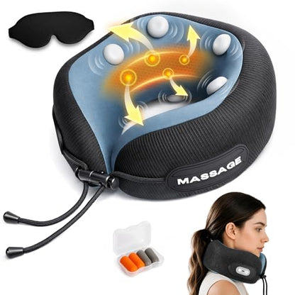 Travel Neck Pillow with Massage & Heat, U-Shaped Neck Massager with 8-Point Vibration, Eye Mask and Earplugs Set – Ergonomic Memory Foam, Ideal for Travel, Office, Home