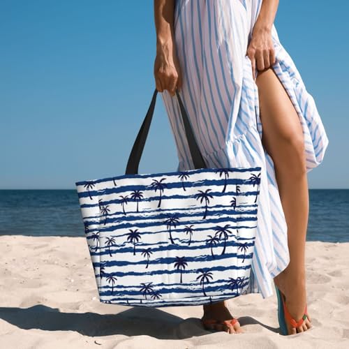 Large Beach Bag for Women Waterproof Foldable Travel Shoulder Tote Bag with Pocket for Weekender Pool Vacation - color: Palm White