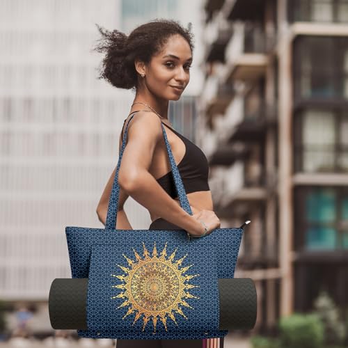 Yoga Bag for Women, Large Canvas Yoga Mat Tote Bag with Yoga Mat Carrier | Large Mat Pocket Fitness Tote for Pilates, Gym, Travel, Office & Beach - color: Blue Mandala