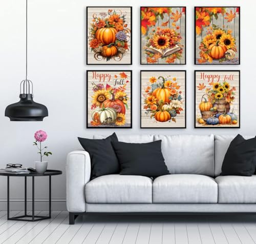MjhRcll 6 Pack Diamond Painting Kits for Adults,5D DIY Fall Diamond Art Kits for Adults Beginner Round Full Drills,Pumpkins Diamond Dots Gem Art Crafts for Holiday Farm and Home Wall Decor 12X16 Inch