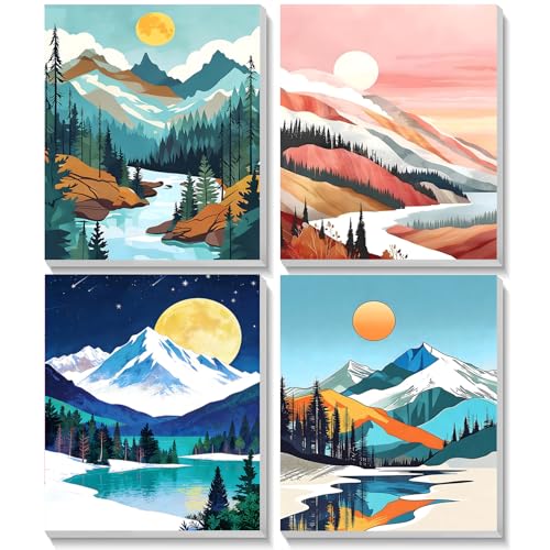 TOSTOG Landscape Scenes 4 Pack Framed Canvas Paint by Numbers Art Kit for Adults and Kids, Beginner Acrylic Oil Painting Supplies with Wooden Frame for Home Wall Decor 20 * 25 cm/8 * 10 in - color: Landscape Scenes