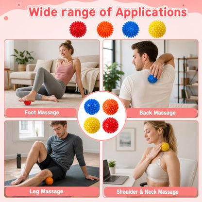 4 pcs Spiky Massage Ball, Professional Muscle Recovery Tool, Plantar Fasciitis Relief and Acupressure Massage, Soft Spiked Roller for Feet Back Hands, Set of Four Spiky Balls（Random Color