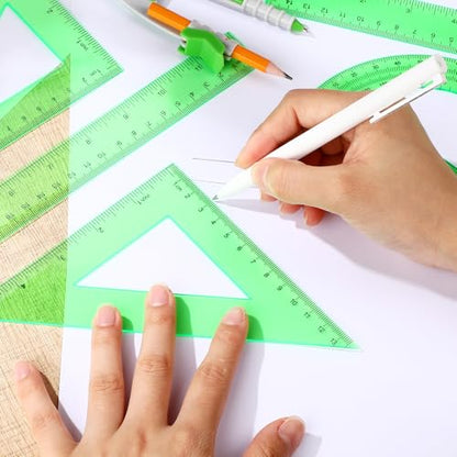 Zonon 1 Set Plastic Geometry Math Set 7 Pcs Includes 6'' / 4 '' Protractor, Drawing Compass, 45/60 Degree Triangle Rulers, 12'' / 6'' Math Ruler Transparent for Office Supplies(Green) - color: Green