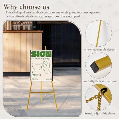 57.1" Gold Easel Stand for Sign,Tall Heavy Duty Display Easel | Folding Metal Easel for Wedding Welcome Sign,Poster，Mirror, Painting，Art Display, Photo, 4-Tier Height ，Adjustable Chain - size: high--57.1"