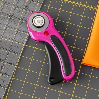OLFA 45mm Ergonomic Rotary Cutter (RTY-2DX/MAG) - Endurance Blade, Magenta | 45mm rotary cutter, Endurance tungsten-steel blade, dual-action safety lock, squeeze grip - Quilters and Crafters