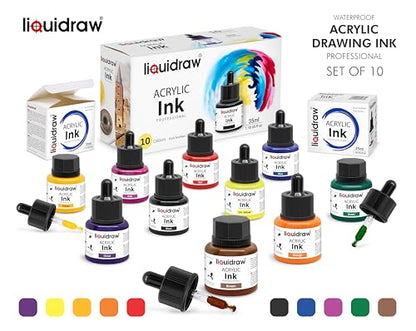 Liquidraw Acrylic Drawing Ink - 10 x 1.18 fl oz (35 ml) Bottles with Ink Dropper | Suitable for Painting, Art Drawing & Design | Great for Professionals, Artists, Students & Hobbyists | Craft Gift - style: Set of 10 (Assorted Colours)