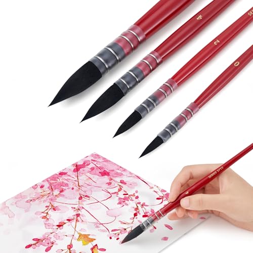 Lightwish Watercolor Brushes Set, Synthetic Squirrel Hair Paint Brushes kit for Artists, Adults, and Hobbists, Pointed Round Mop Brush for Watercolor, Gouache,4 Pcs - color: Red