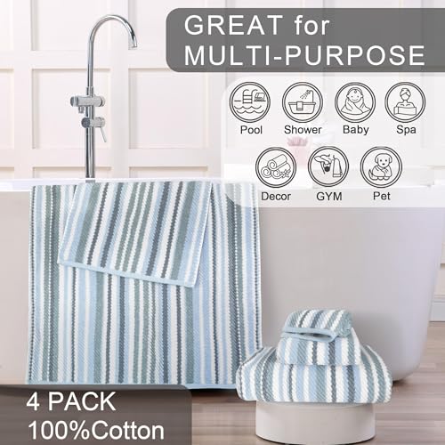VOOVA & MOVAS Cotton Bath Towels 4 Pack, 100% Cotton, 28x52 in, Blue - color: Gray + Blue Striped, size: 4 PC Bath Towels (28"x52")