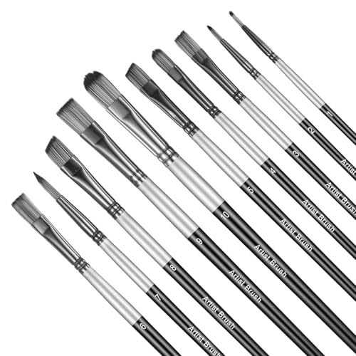 10 Pcs Flat Paint Brush Set, Synthetic Nylon Hair Art Brushes for Acrylic Watercolor Oil Gouache, Detail Face Body Craft Painting, Artist Kit with Wooden Handle for Beginners Adults