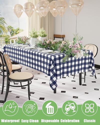 Smiry 8 Packs Gingham Disposable Table Cloth, 54 x 108 Inch Waterproof Plastic Tablecloth, Rectangle Navy and White Checkered Table Covers for Picnic, Birthday, Party - color: Navy and White, size: 54"x108" (Pack of 8)