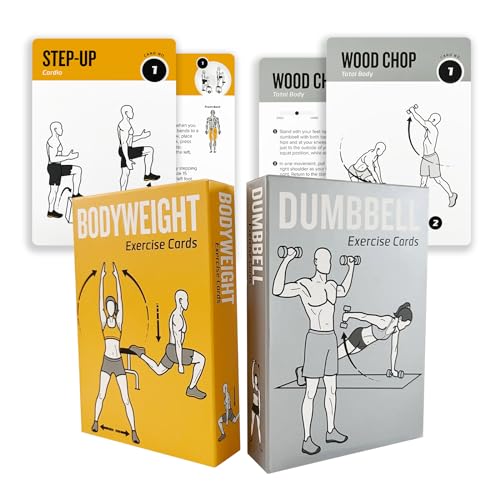 Bodyweight & Dumbbell Workout Cards - 100 Large 5"x3.5" Exercise Cards with 24 Strength Moves, Home & Gym Fitness Cards for Men & Women, Beginner Fitness Guide - color: Grey and Yellow