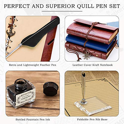 GCCL Quill Pen and Ink Set, Antique Feather Dip Calligraphy Pen Set, including Feather Pen, 5 Replacement Nibs, Pen Nib Base, Notebook, Ink, Gift Box, Best Gifts for Men Dad (Black) - color: Black