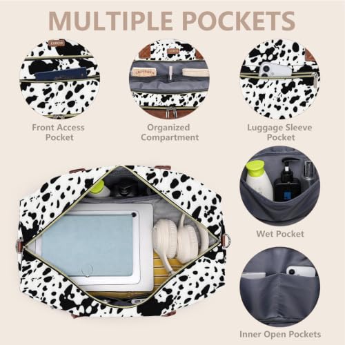 Large Women Travel Weekender Bag: Carry on Duffle with Shoe Compartment | Overnight Duffel Bags with Wet Pocket, Crossbody & Toiletry Bag, 3PCS Womens Traveling Tote Set for Hospital Gym Weekend Trip - color: Black Cow Print