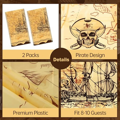 Kochorie 2 Pieces Pirate Party Tablecloth Treasure Map Tablecover Nautical Adventure Plastic Tablecloth Navigation Supplies for Treasure Theme Birthday Party Decorations - style: Pirate