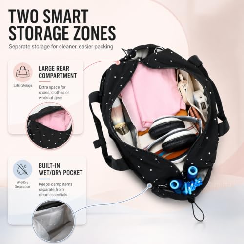 Small Mini Gym Bag for Women, Compact Duffle Overnight Bag - color: Black with Dot