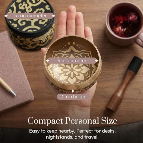 Silent Mind Tibetan Singing Bowl Set – Easy to Play & Beginner Friendly Meditation Bowl with Cushion, Mallet & Case | Stress Relief & Mindfulness | Gift-Ready - color: Matte Gold, size: With Case