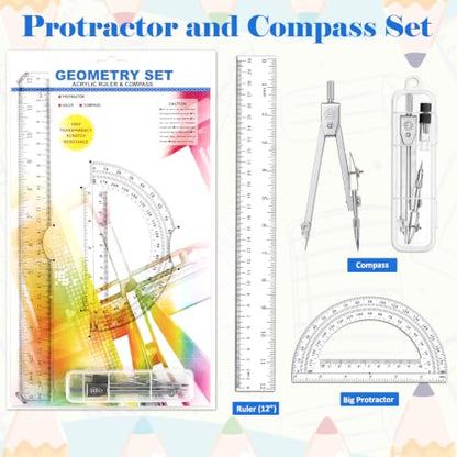 Coopay 3 Pcs Plastic 12 Inch Ruler, Clear Protractor and Compasses Set | Clear Ruler, Protractor and Compass set, Geometry, Durable, Drawing, Measuring, Math, Art, Classroom, School, Student - size: 3 Pcs set