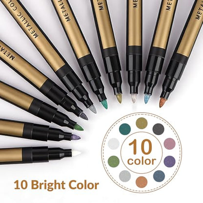 10 Color Metallic Markers, Glitter Metallic Acrylic Paint Pens | Permanent Sparkle Markers For Rock Painting, Black Paper Crafts, Card Making, Scrapbooking, Glass, Wood, Metal, Ceramic