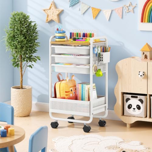 Metal Rolling Storage Cart with 3 Drawers - Utility Cart on Wheels with Pegboard & Wood Tabletop, Multifunctional Trolley Organizer with Hooks & Bin for Living Room,Bedroom,Craft Room,Office,Kids Room - color: Whtie