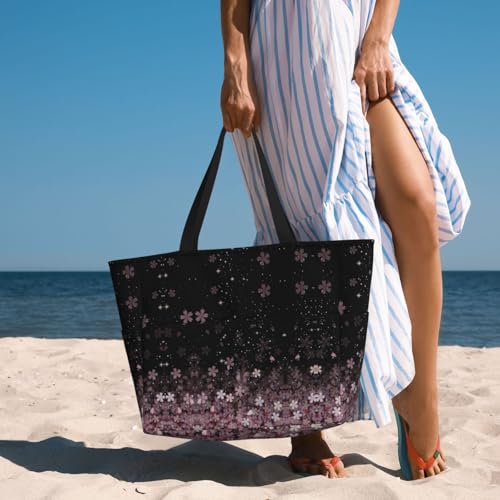 Large Beach Bag for Women Waterproof Foldable Travel Shoulder Tote Bag with Pocket for Weekender Pool Vacation - color: Floral Black