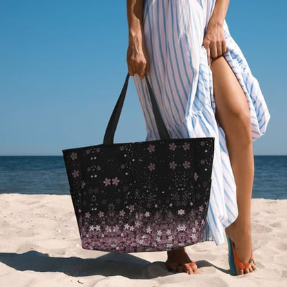 Large Beach Bag for Women Waterproof Foldable Travel Shoulder Tote Bag with Pocket for Weekender Pool Vacation - color: Floral Black