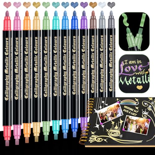 DAPAWIN Metallic Markers pens, 12 Dual Tip Metallic Paint Markers for Black Paper, Card Making, DIY Photo Albums, Scrapbooking Crafts, Rock Painting, Glass, Wood, Ceramic