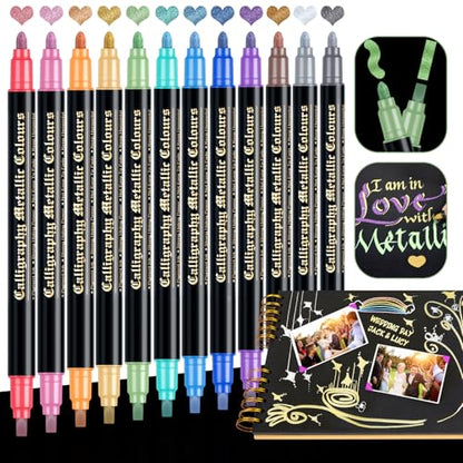 DAPAWIN Metallic Markers pens, 12 Dual Tip Metallic Paint Markers for Black Paper, Card Making, DIY Photo Albums, Scrapbooking Crafts, Rock Painting, Glass, Wood, Ceramic