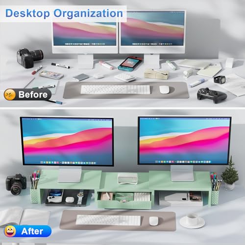 gianotter Dual Monitor Stand Riser With Drawer and 2 Pen Holders - color: Sage Green