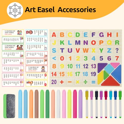 Tabletop Wooden Art Painting Easel for Kids 2-4, Chalkboard & Double-Sided Drawing Whiteboard for Toddlers, 4-in-1 Desk Easel with Magnetic Letters/Numbers & Flashcards Markers, Eraser