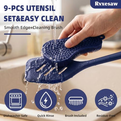 Kitchen Utensils Set,9 PCS Silicone Cooking Utensils Set Spatula Set,Tongs,Spoon,Whisk,Brush,Dishwasher Safe Kitchen Gadgets for Non-Stick Cookware,Home Essential，Kitchen Appliances(Navy Blue) - color: Navy Blue
