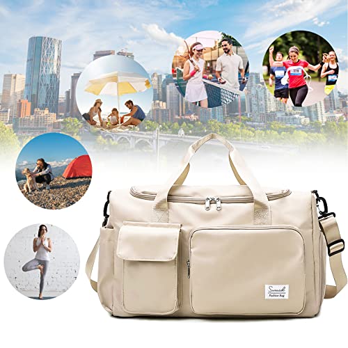 Suruid Gym Bag with Shoe Compartment, Sports Duffle Bag for Women, White - color: White